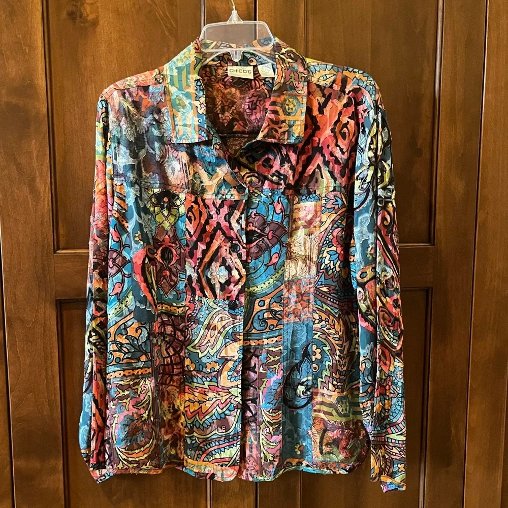 Chico's Vintage Multi-Color Print Button Down Blouse, Colorful, Size Large - Picture 1 of 3